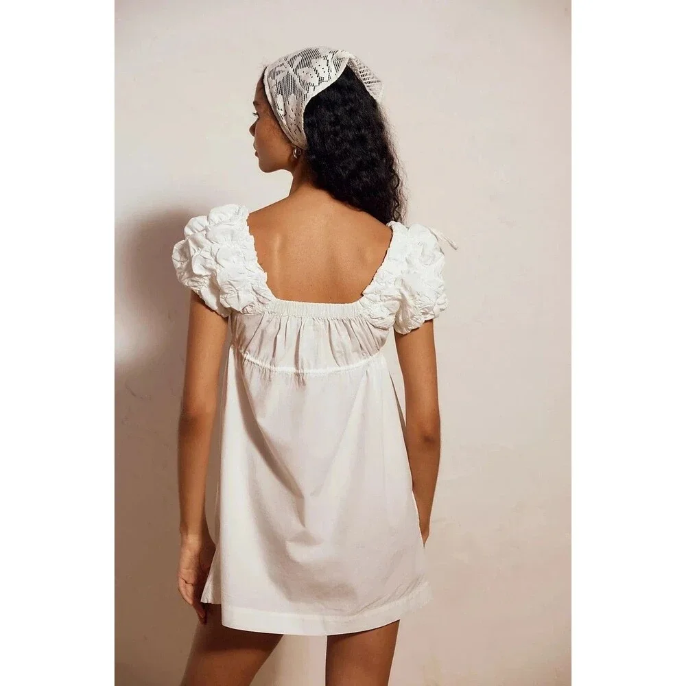 Free People Free Est Flaunt It Mini Dress Ruched Smocked Puff Sleeves XL 288772